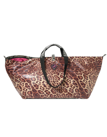 A leopard print tote bag with black and white zebra-patterned shoulder straps, featuring a glossy finish and a pink interior lining visible on the left side.