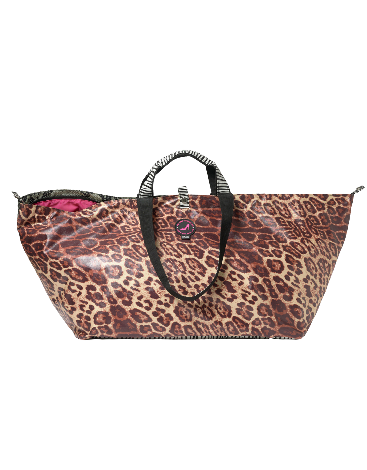 Tote bag met dierenprint, zwarte hengsels en roze binnenkant van All-time Favourites, uit de AMSTERDAM-collectie.
