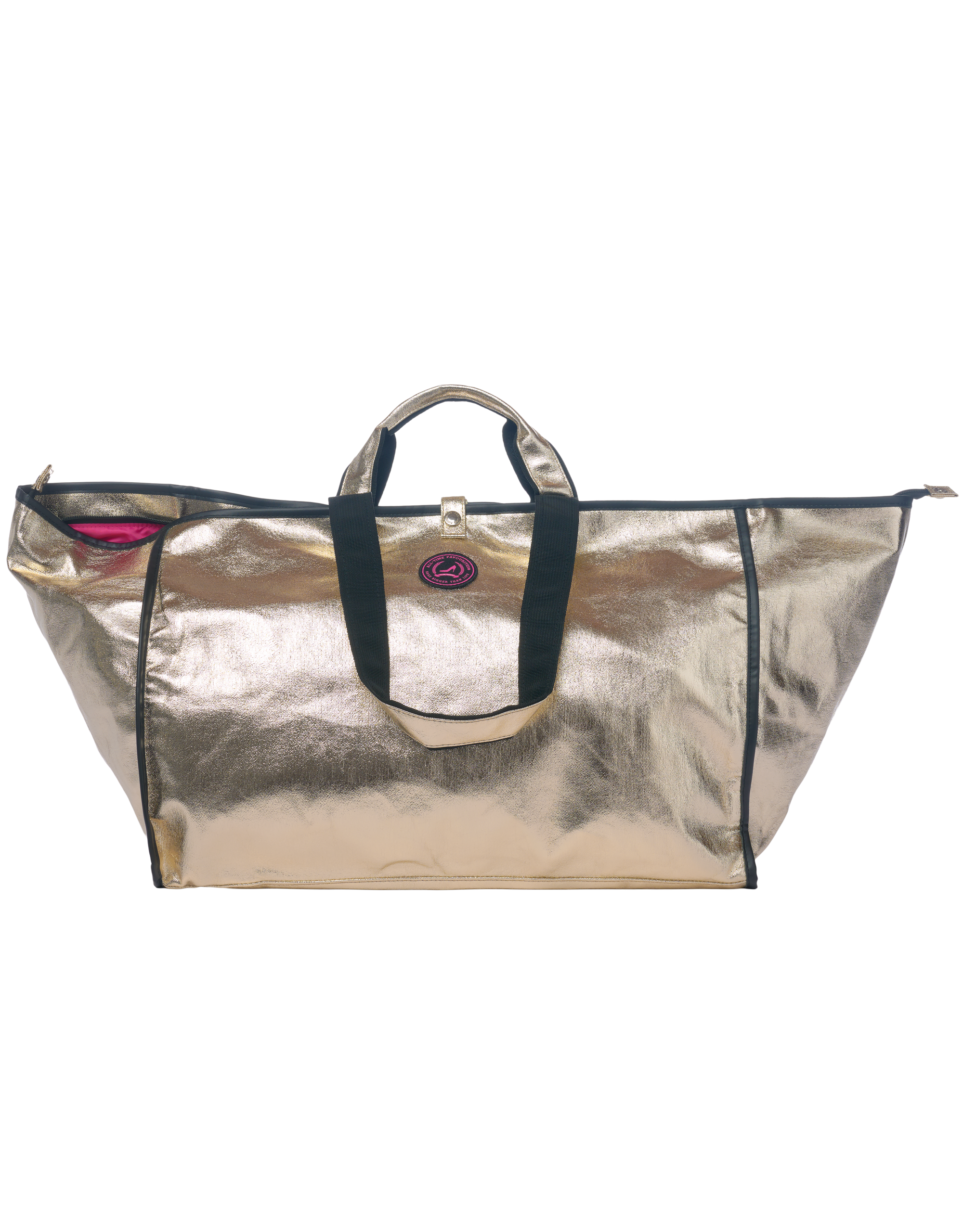 Front view of Jaipur Large Tote Bag with zipper in champagne gold coated cotton and black handles