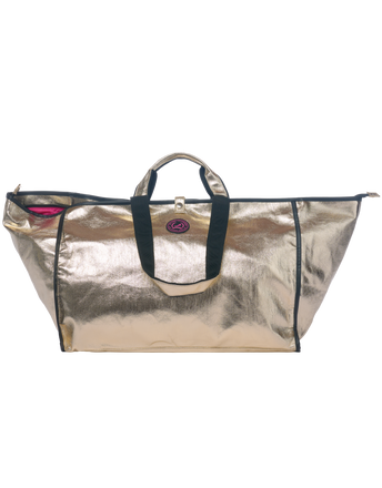 Front view of Jaipur Large Tote Bag with zipper in champagne gold coated cotton and black handles