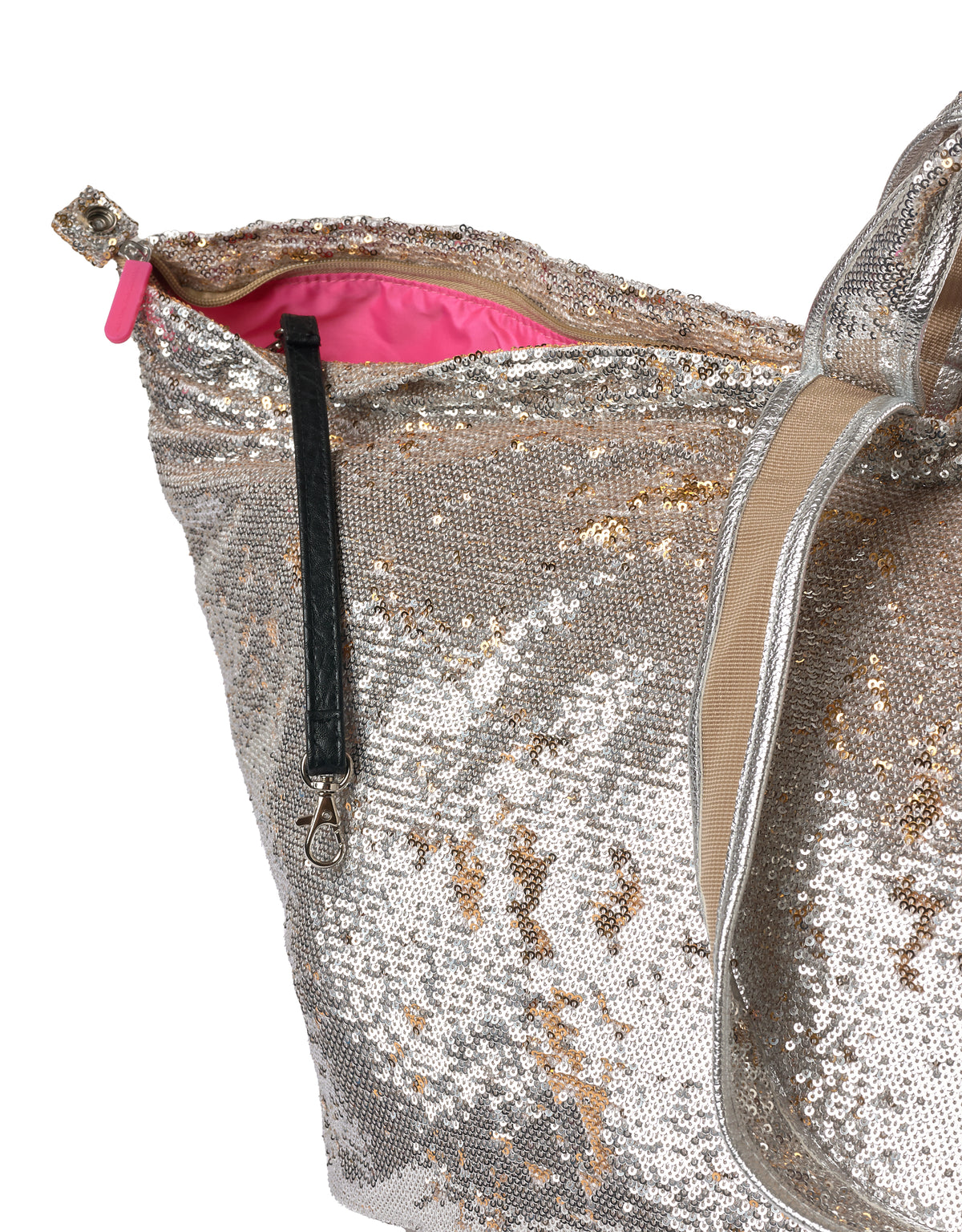 Grote totebag met zilveren en gouden pailletten, roze voering en zwarte ritssluiting, gedeeltelijk open, uit de MALLORCA-collectie.