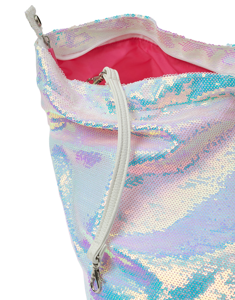 Detail of Dubai Tote Bag with white leather interior strap and clasp, white pearl sequin exterior