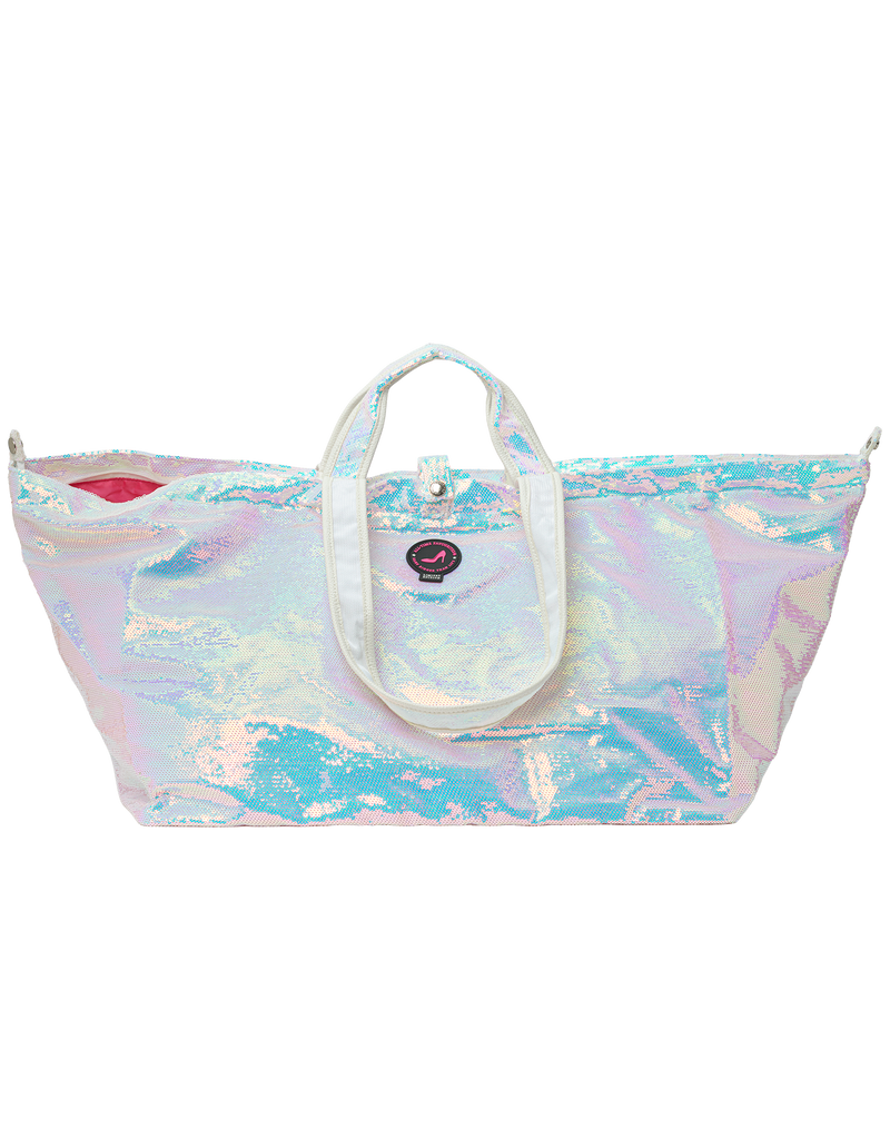 Front view of Dubai Large Tote Bag in white pearl unicorn sequins with white handles