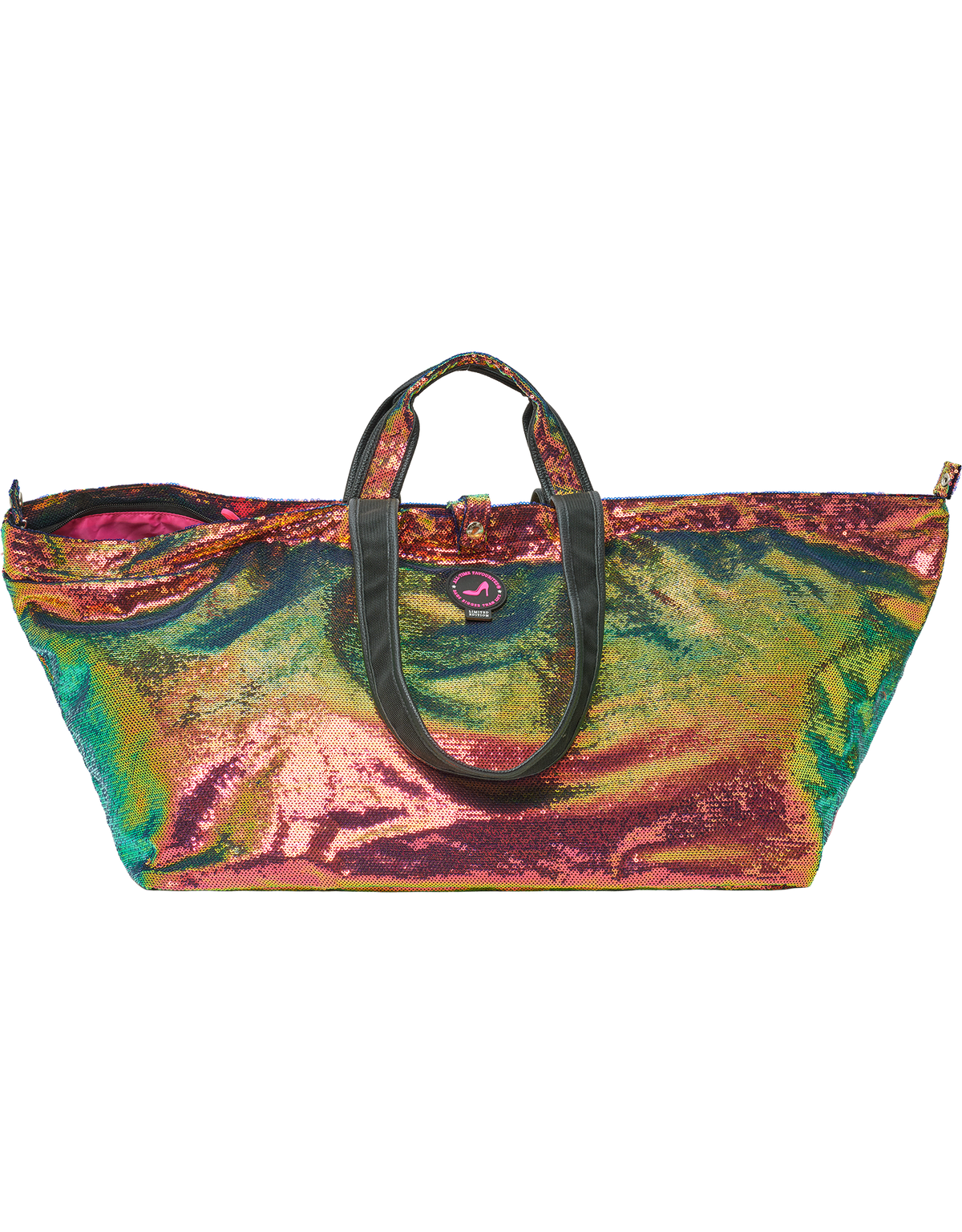 Grote IBIZA-draagtas met pailletten en zwarte hengsels, veelkleurige glanzende afwerking, hoogwaardig modeaccessoire.