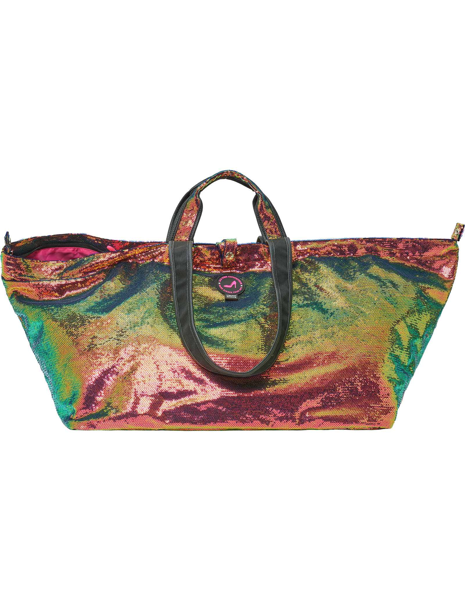 Colorful sequin tote bag with a multicolored pattern on a white background