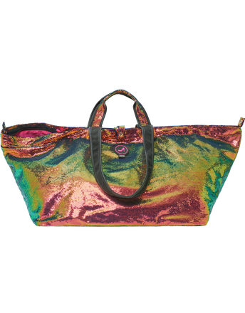 Colorful sequin tote bag with a multicolored pattern on a white background