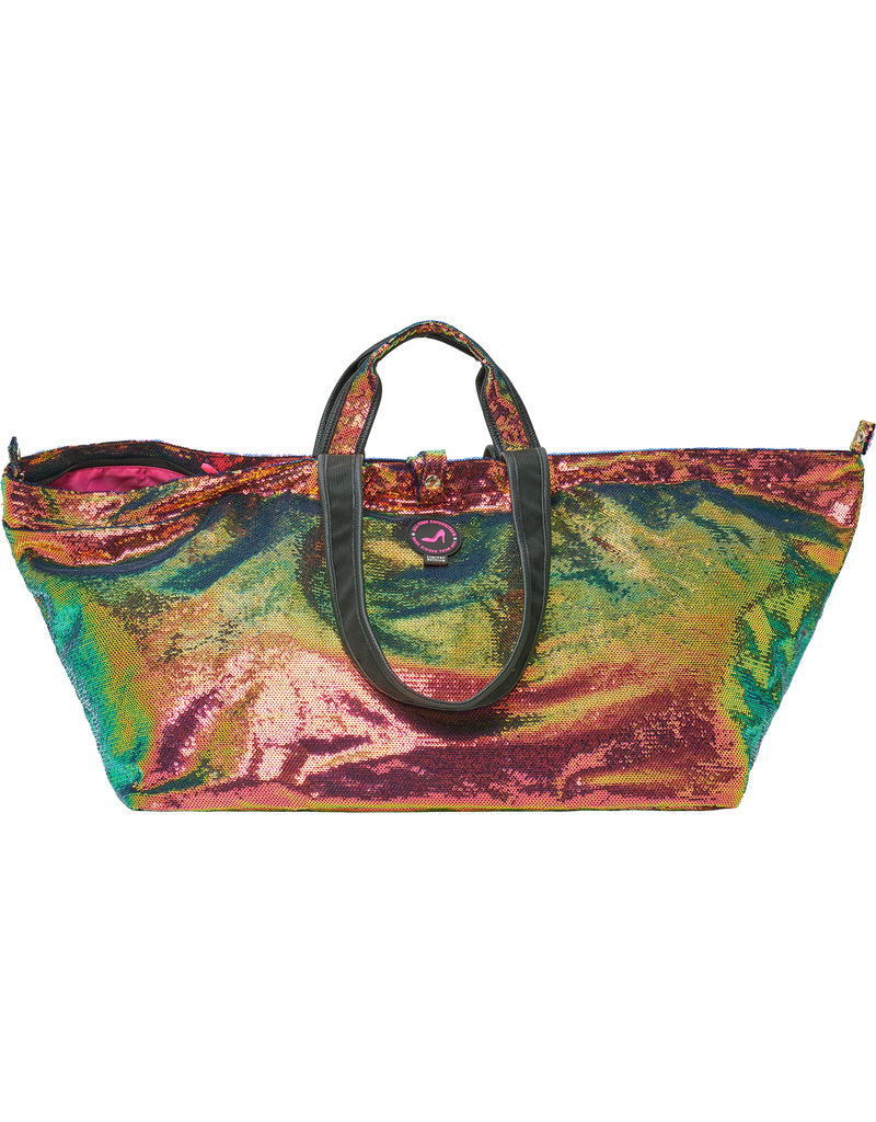 Colorful sequin tote bag with a multicolored pattern on a white background