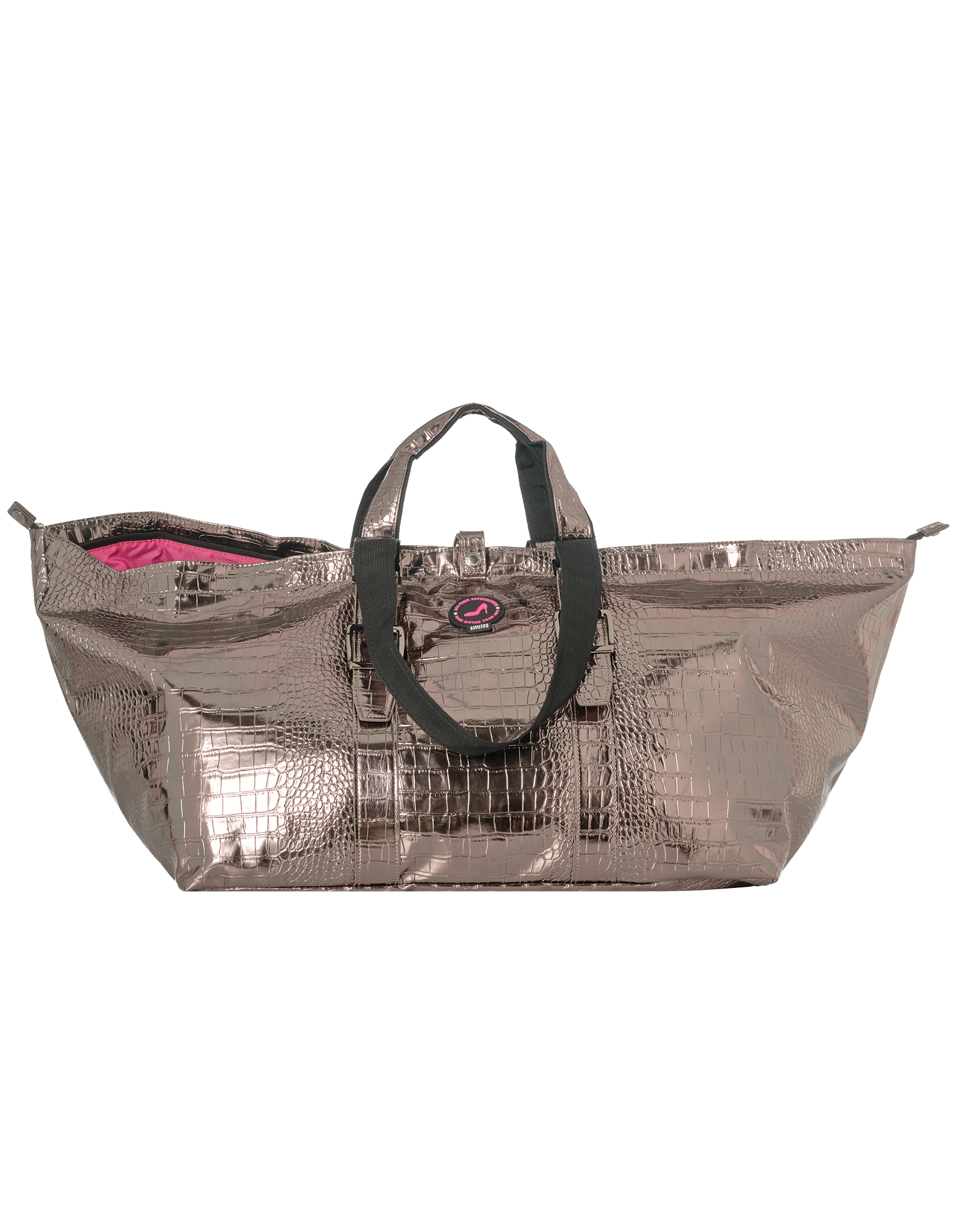 Metallic silver gold tote bag with black handles on a white background