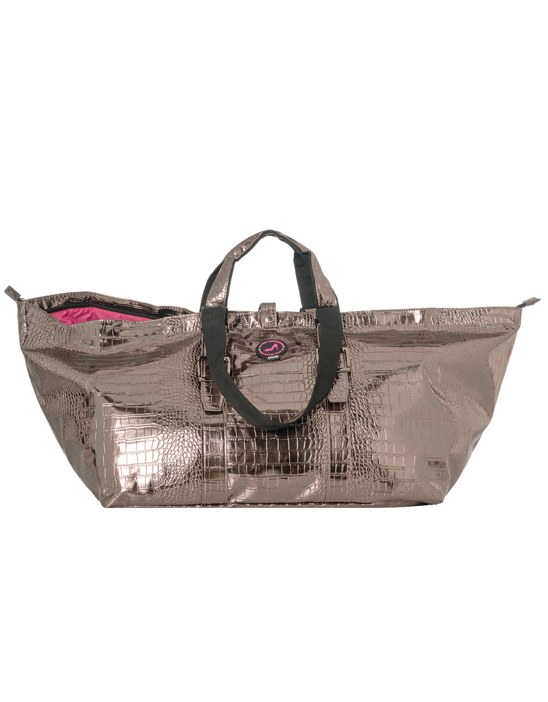 Metallic silver gold tote bag with black handles on a white background