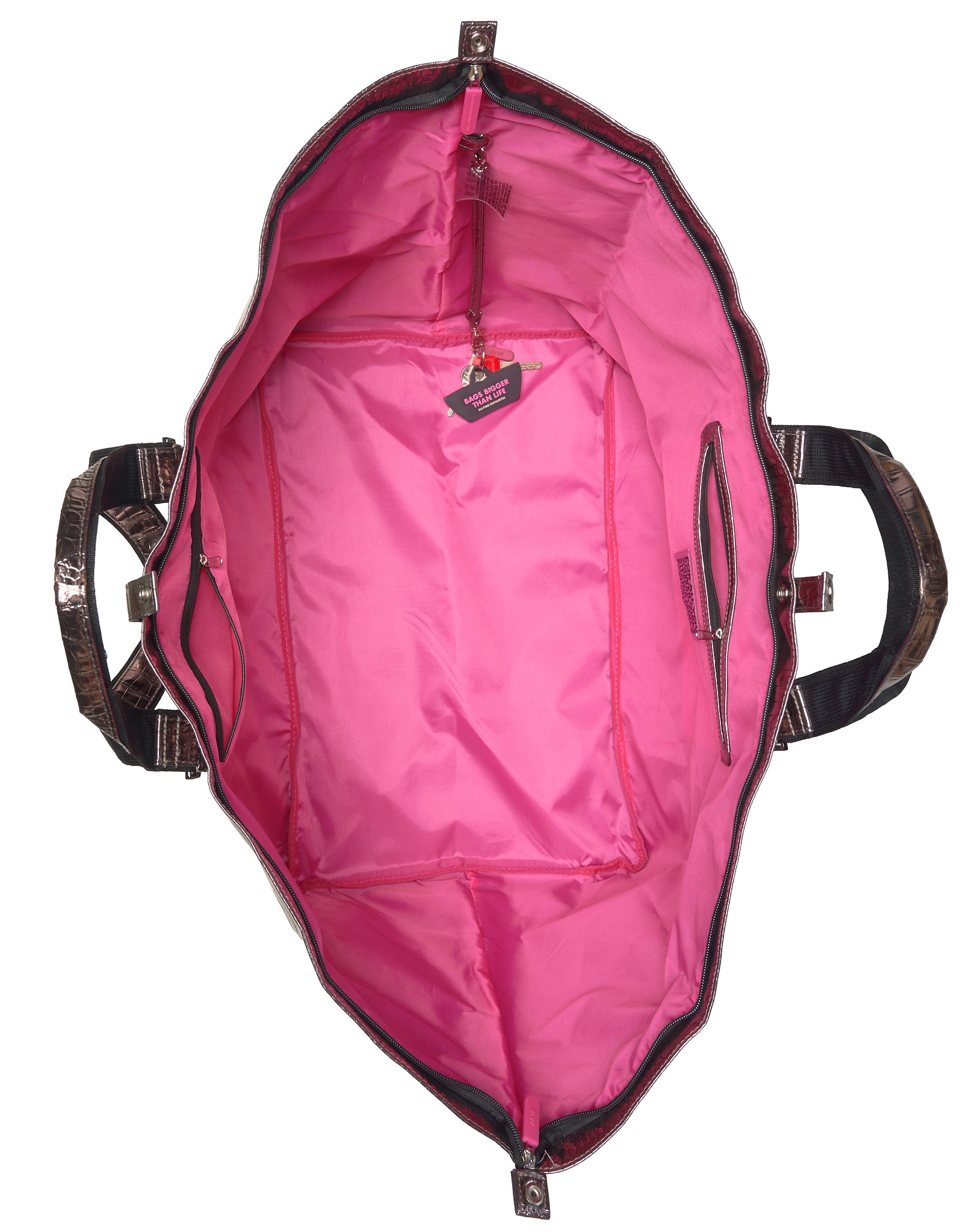 Pink lining of bronze bag with handles on a white background