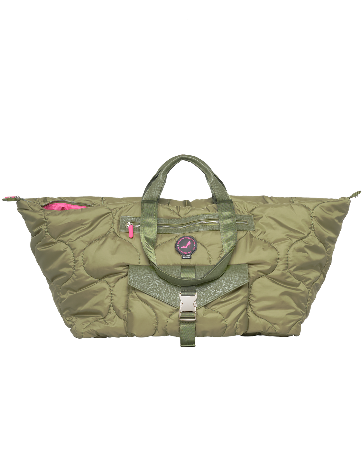 Green puffy tote bag with pink zipper and circular logo patch from All-time Favourites DIANA ski resort collection.