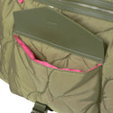 Close-up of a green quilted bag with pink interior a kangaroo pocket and visible buckle.