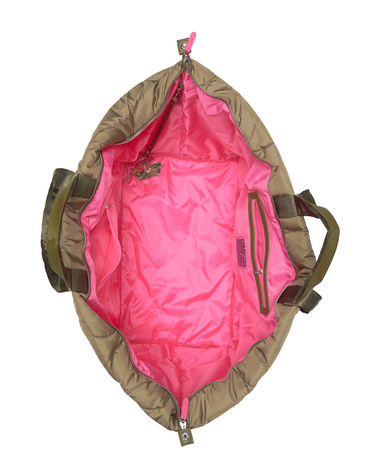 DIANA Large Tote Bag in puffy green with pink interior, zip closure, pockets, and handles; ski resort collection.