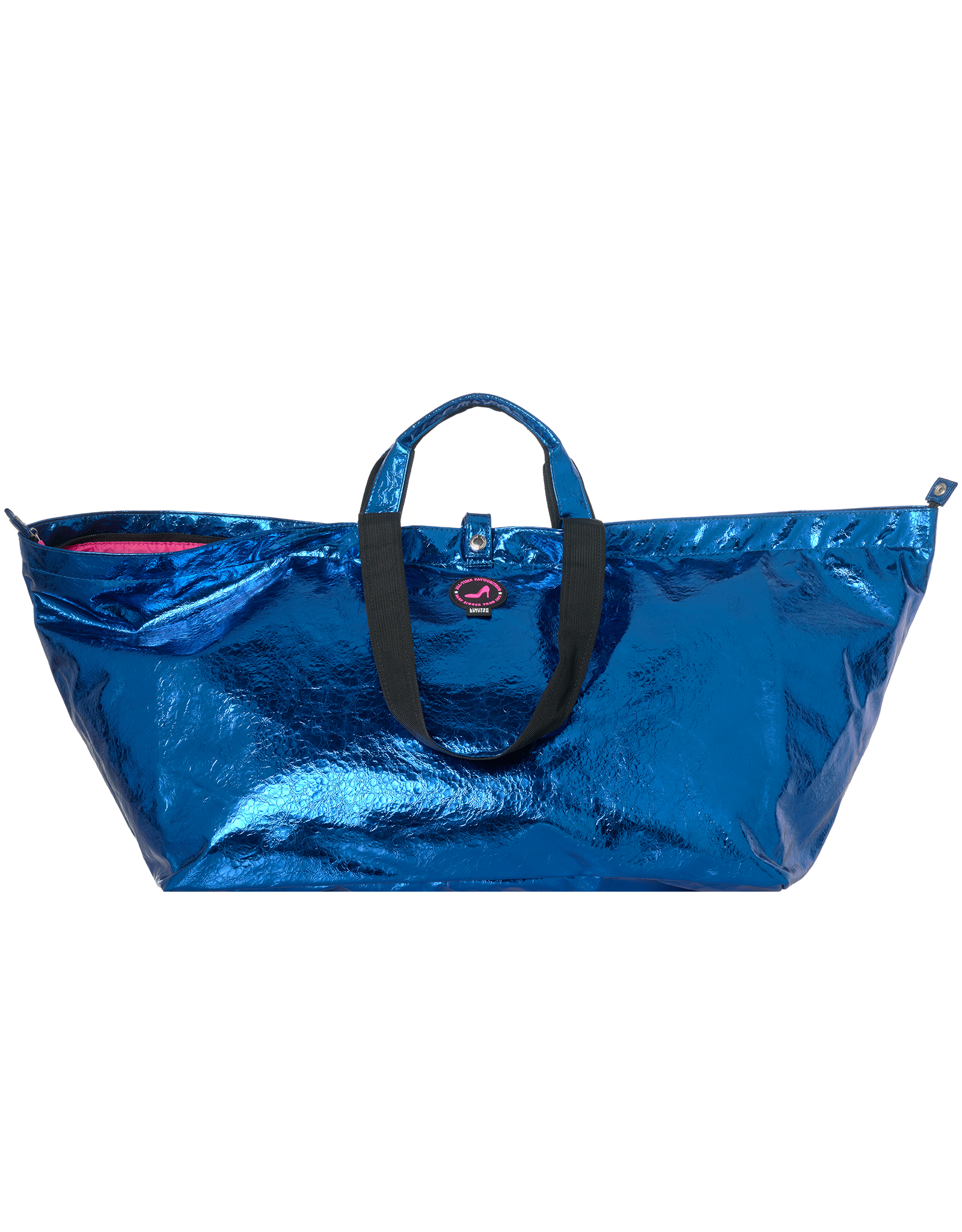 Grote shopper met rits, PU metallic blauw en zwarte hengsels 