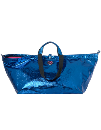 Grote shopper met rits, PU metallic blauw en zwarte hengsels 