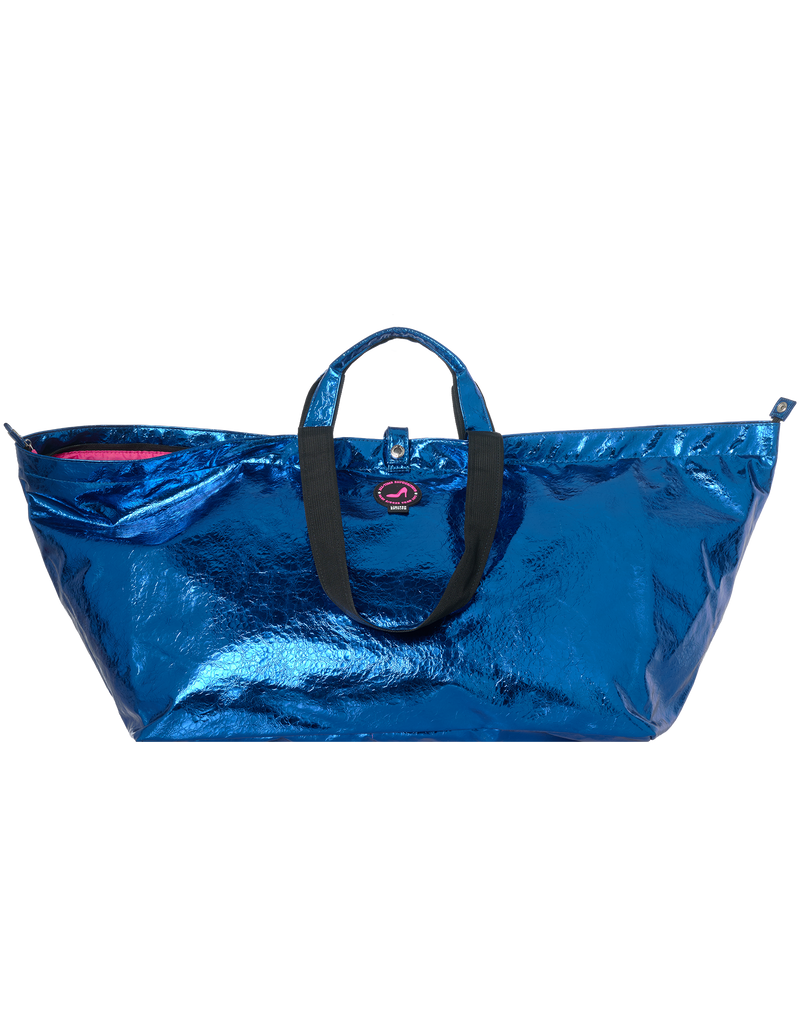 Grote shopper met rits, PU metallic blauw en zwarte hengsels 