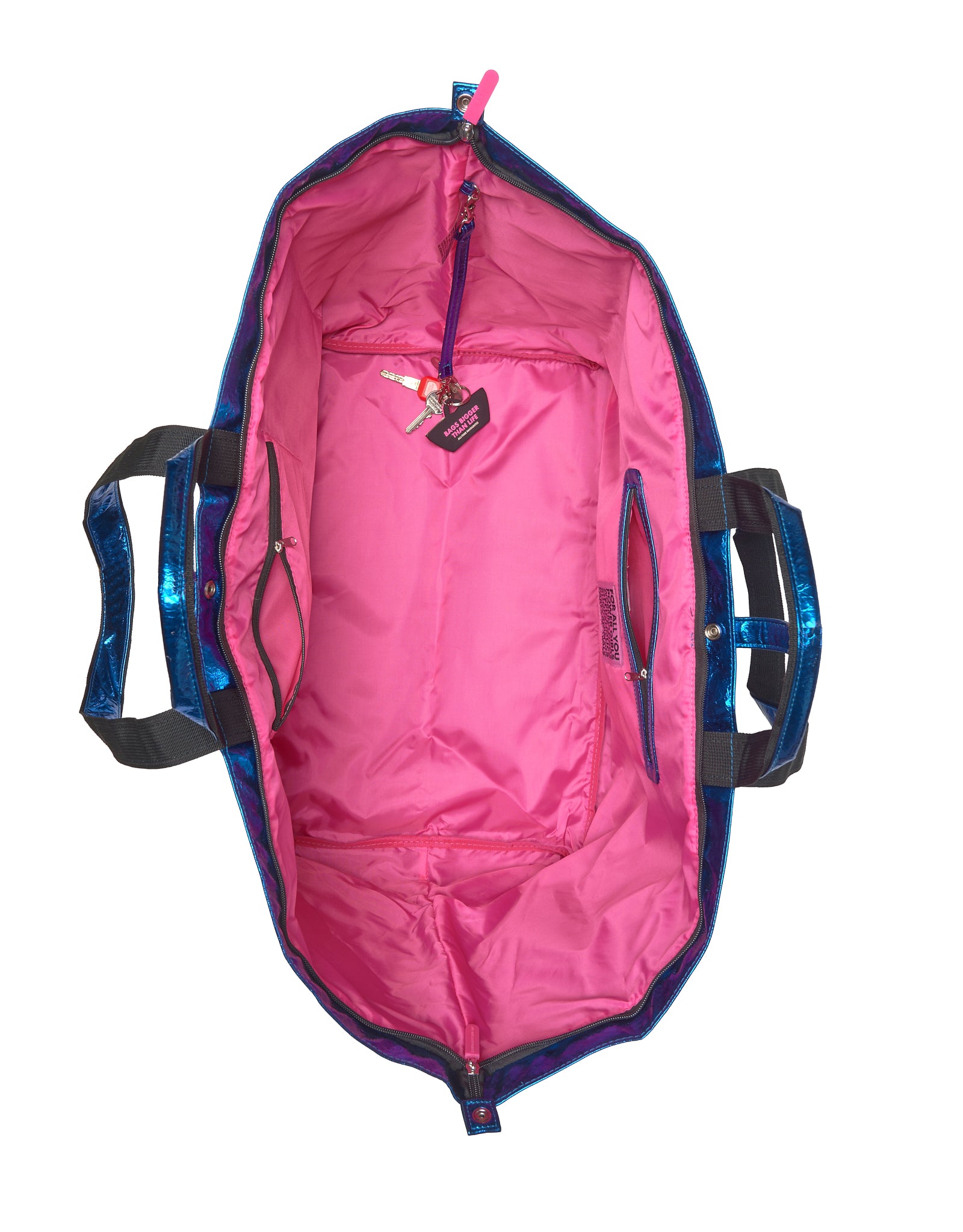 Inside large tote bag with zipper, pink lining and inner pocket, PU metallic blue