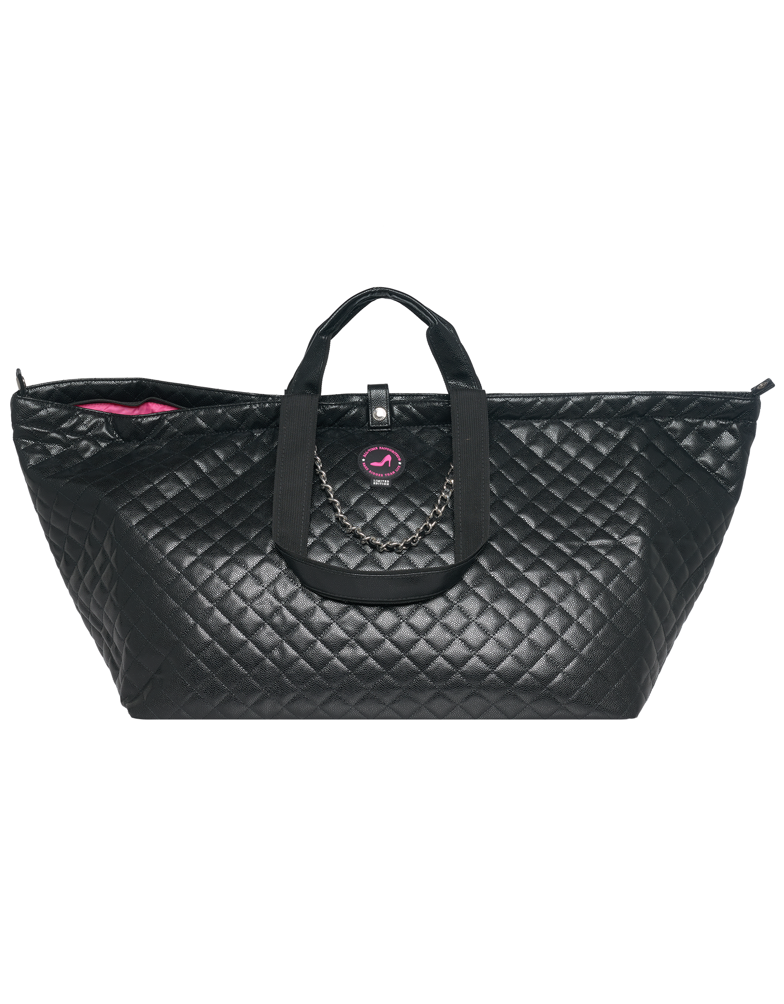 Black quilted tote bag with a chain detail without background