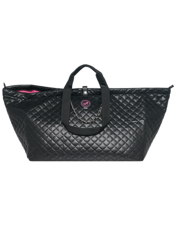 Black quilted tote bag with a chain detail without background