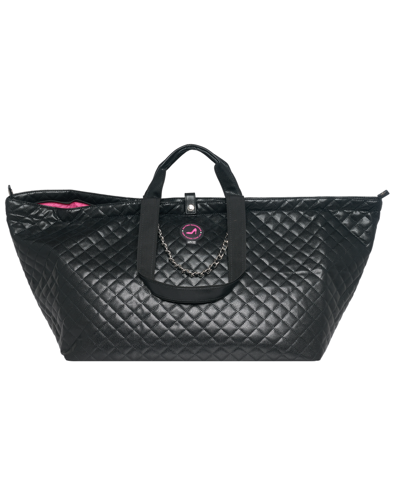 Black quilted tote bag with a chain detail without background