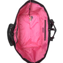 Pink inside of a large tote bag with black handles and trim on a white background