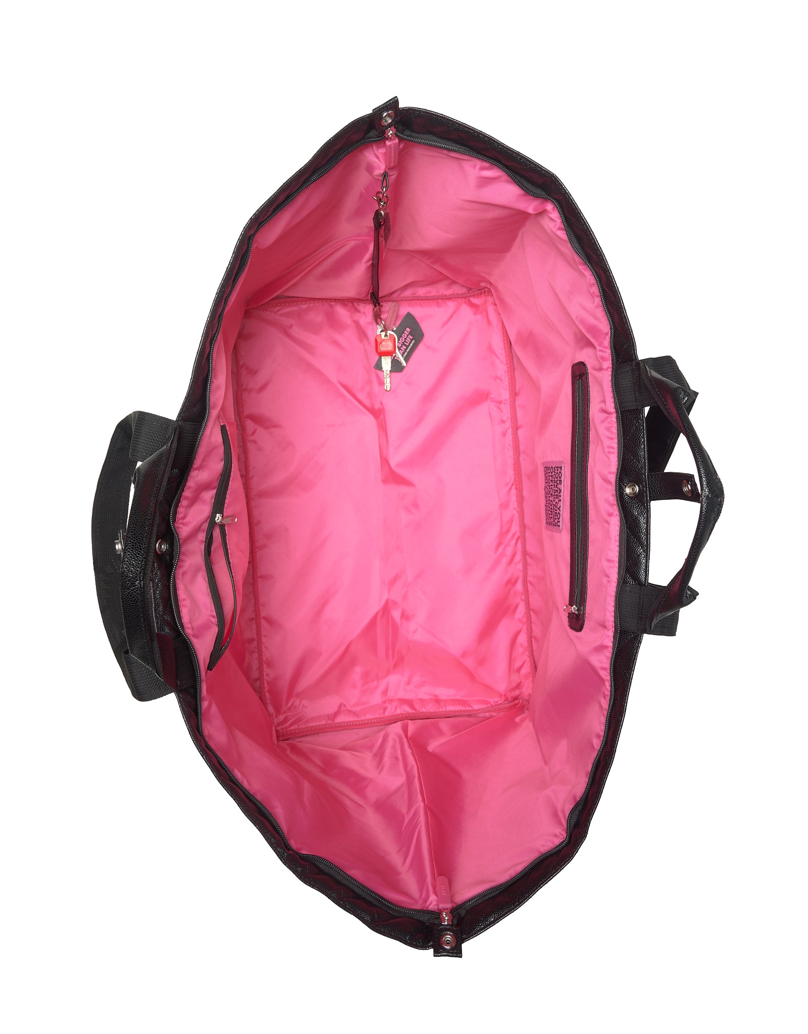 Pink inside of a large tote bag with black handles and trim on a white background