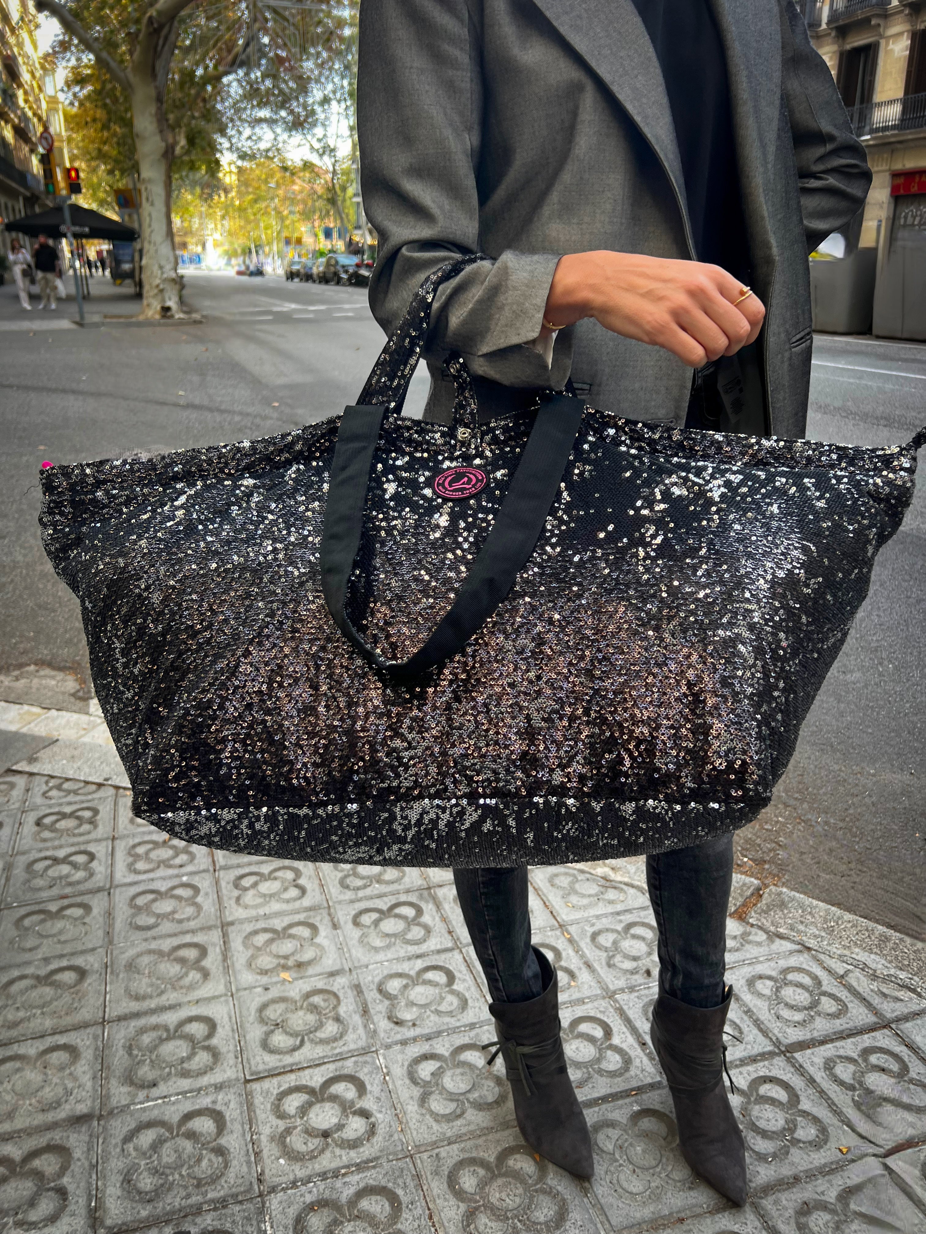 Black sequin tote bag sale