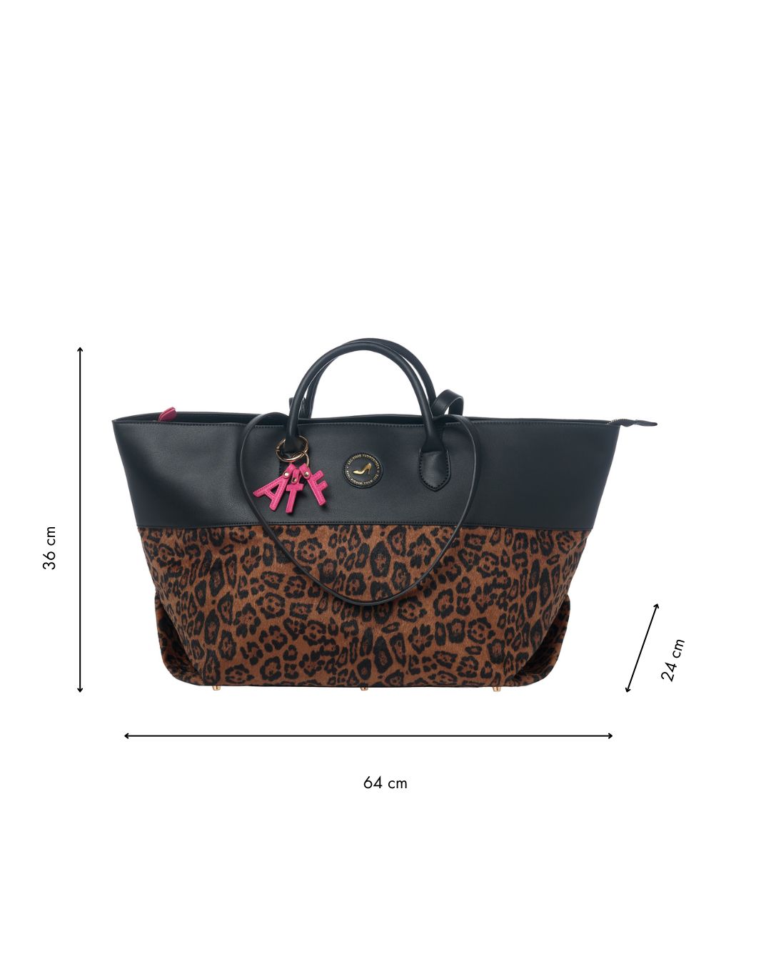 The Medium Tote Bag Black & Leopard JACKIE is a luxury shoulder bag with black vegan leather handles, bold leopard print, a pink AF charm, and measures 64 cm wide, 36 cm tall, and 24 cm deep.
