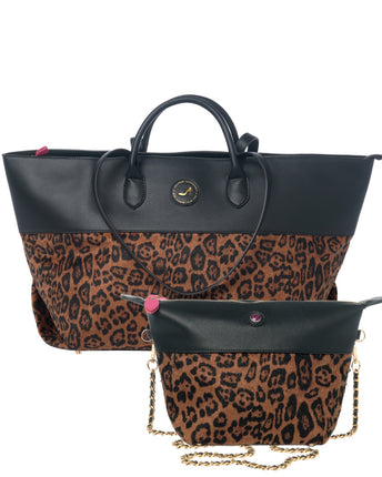 Jackie Icon Set: black leather shopper, leopard shopper, black clutch, and chain crossbody by All-time Favourites.