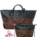 A two-piece handbag set featuring a large tote bag and a smaller crossbody pouch, both with a brown and black leopard print pattern and solid black leather trim. The set includes a gold-tone chain strap, a circular metal logo medallion on the tote, and a pink keychain charm with the brand name 'BES' in stylized lettering.