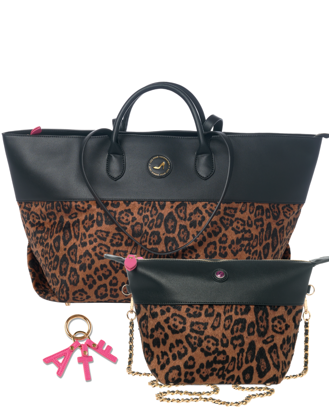 A two-piece handbag set featuring a large tote bag and a smaller crossbody pouch, both with a brown and black leopard print pattern and solid black leather trim. The set includes a gold-tone chain strap, a circular metal logo medallion on the tote, and a pink keychain charm with the brand name 'BES' in stylized lettering.