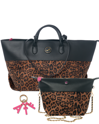 A two-piece handbag set featuring a large tote bag and a smaller crossbody pouch, both with a brown and black leopard print pattern and solid black leather trim. The set includes a gold-tone chain strap, a circular metal logo medallion on the tote, and a pink keychain charm with the brand name 'BES' in stylized lettering.
