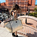 Woman holding a large golden tote bag in front of a historic building with intricate architecture.