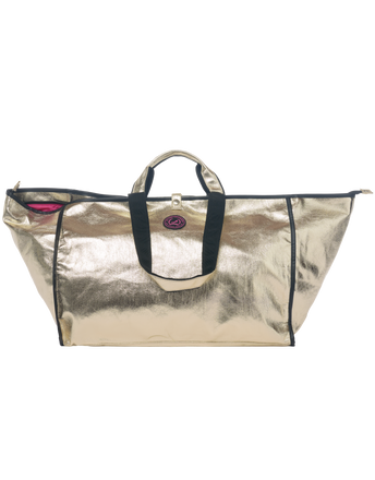 Gold metallic tote bag with black accents on a white background