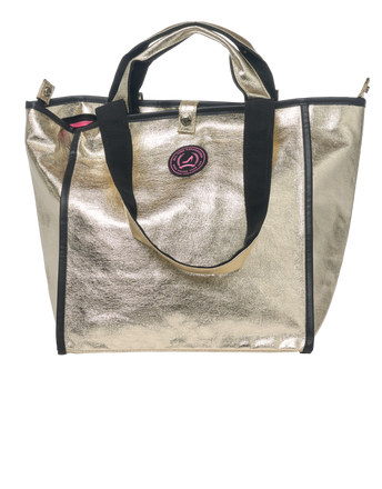 Metallic gold tote bag with black handles on a white background