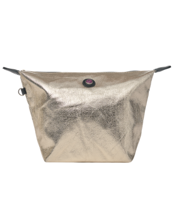 Metallic pouch with black straps on a white background