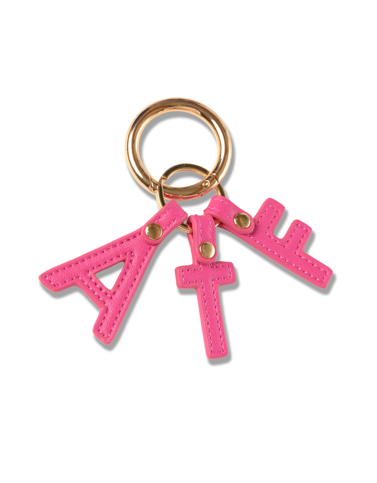 Pink vegan leather keychain with gold ring, featuring A, T, E letter charms; premium fashion accessory.