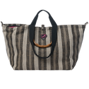 Medium Tote Bag Galle in black and white vertical stripe with bamboo handles, black straps and top zipper closure.