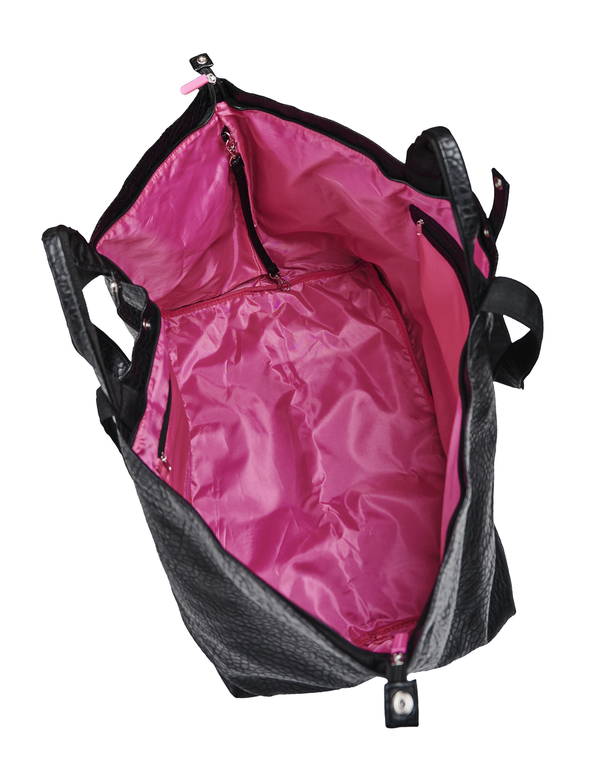 Medium black croc print tote bag with bright pink interior and zip pocket, premium leather fashion accessory.