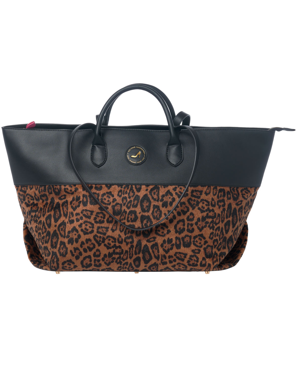 Medium tote bag with black vegan leather top and handles, brown leopard print bottom, All-time Favourites JACKIE.