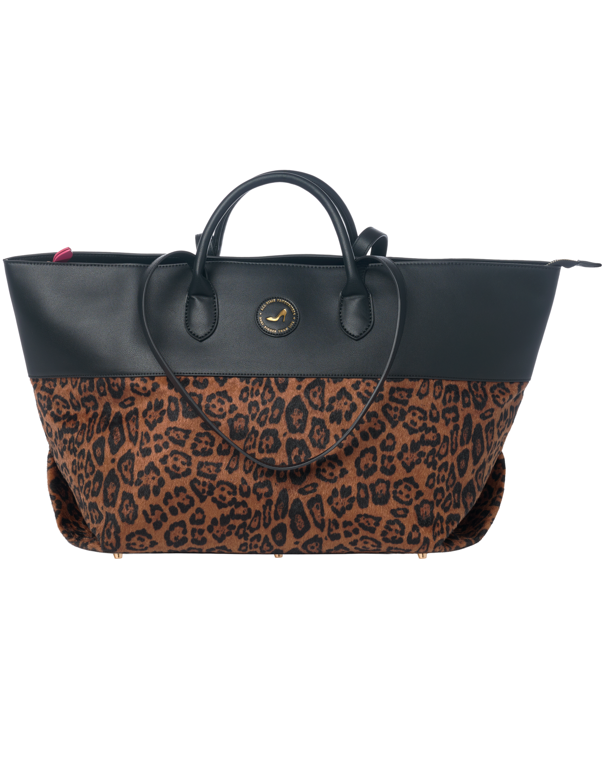 Medium sized leopard tote bag in black vegan leather with zipper