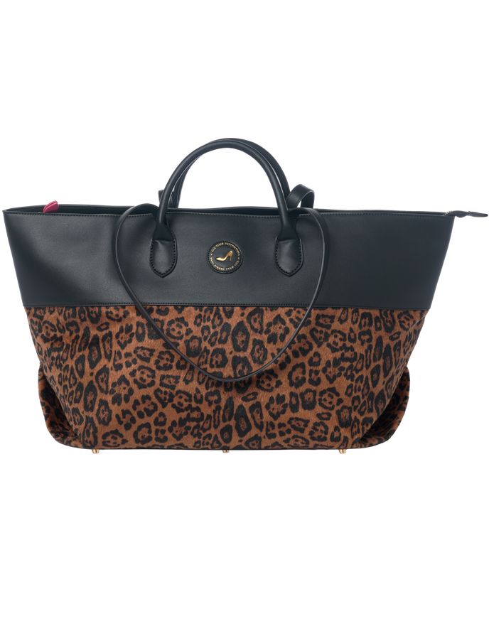 Medium tote bag with black vegan leather top and handles, brown leopard print bottom, All-time Favourites JACKIE.