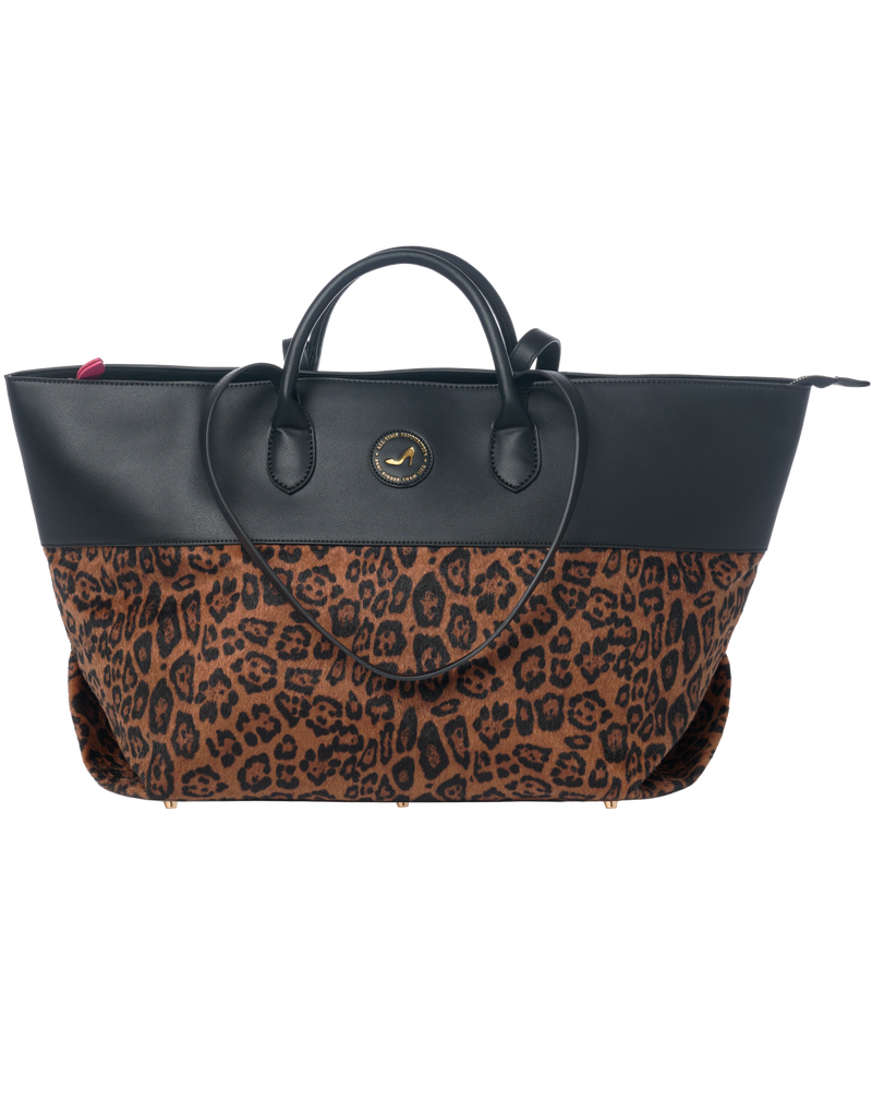 Medium sized leopard tote bag in black vegan leather with zipper