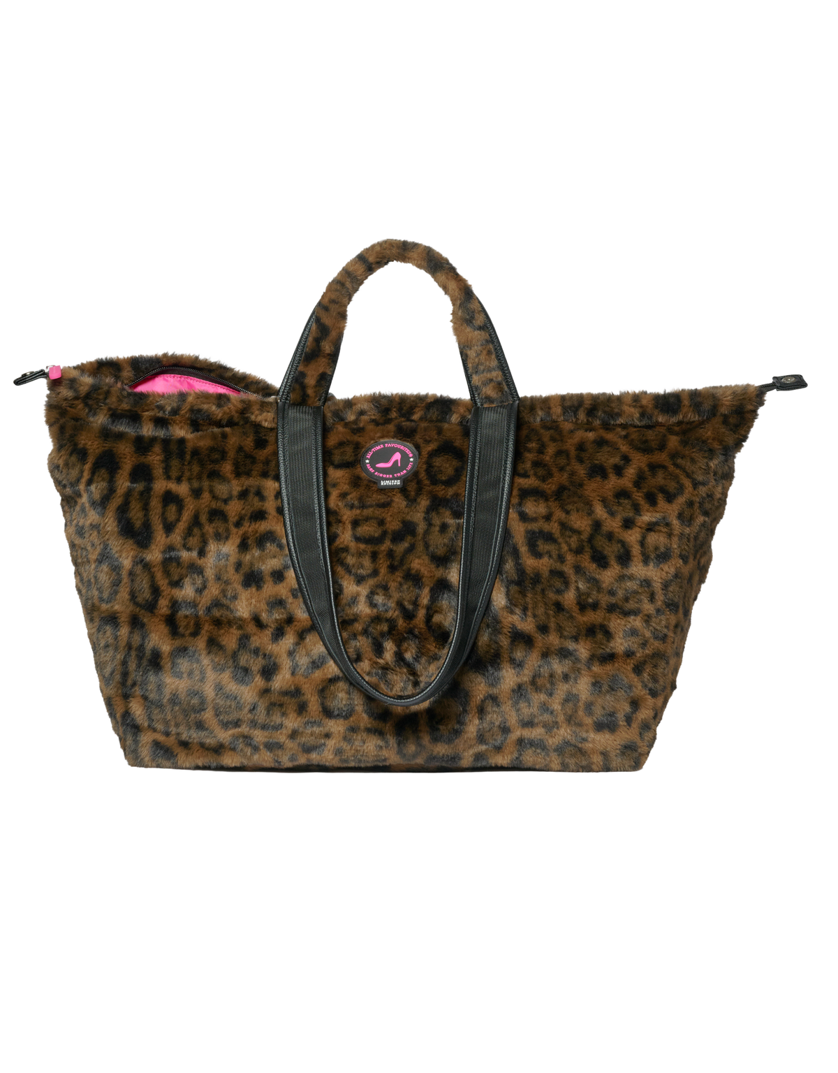 Middelgrote, harige draagtas met luipaardprint en roze voering, om te vormen tot een clutch, uit de Maastricht-collectie.