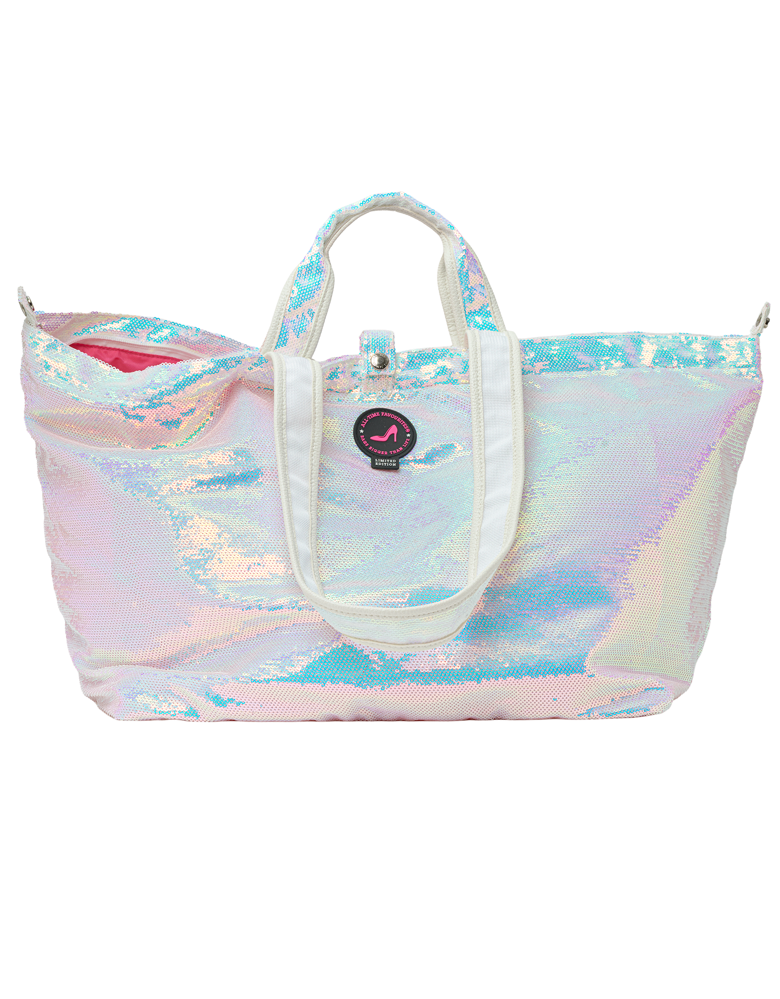 ATF Dubai small sequin tote bag in iridescent white with handles and zipper