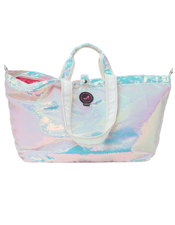ATF Dubai small sequin tote bag in iridescent white with handles and zipper
