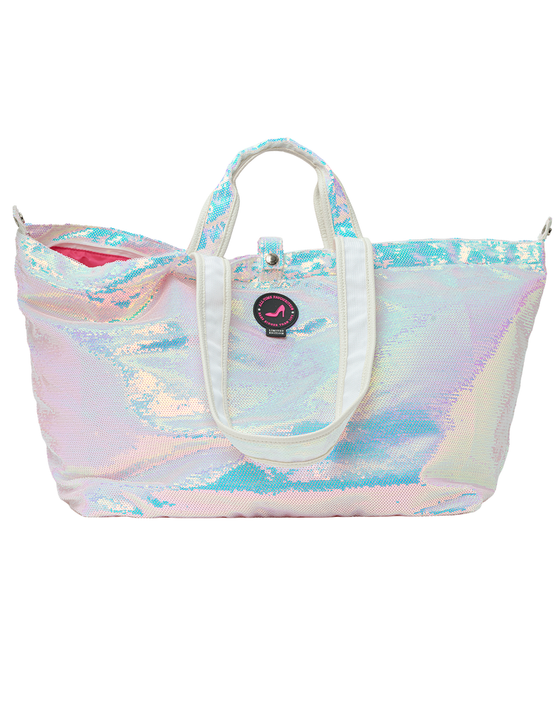 ATF Dubai small sequin tote bag in iridescent white with handles and zipper