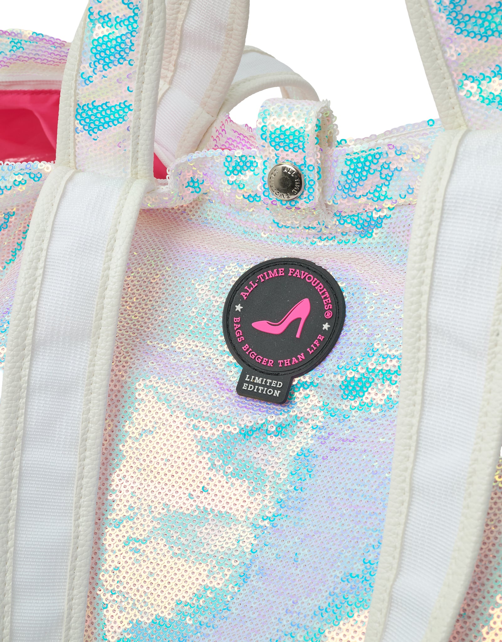 Front detail of the ATF Dubai sequin shopper with All-Time Favourites logo badge and snap button