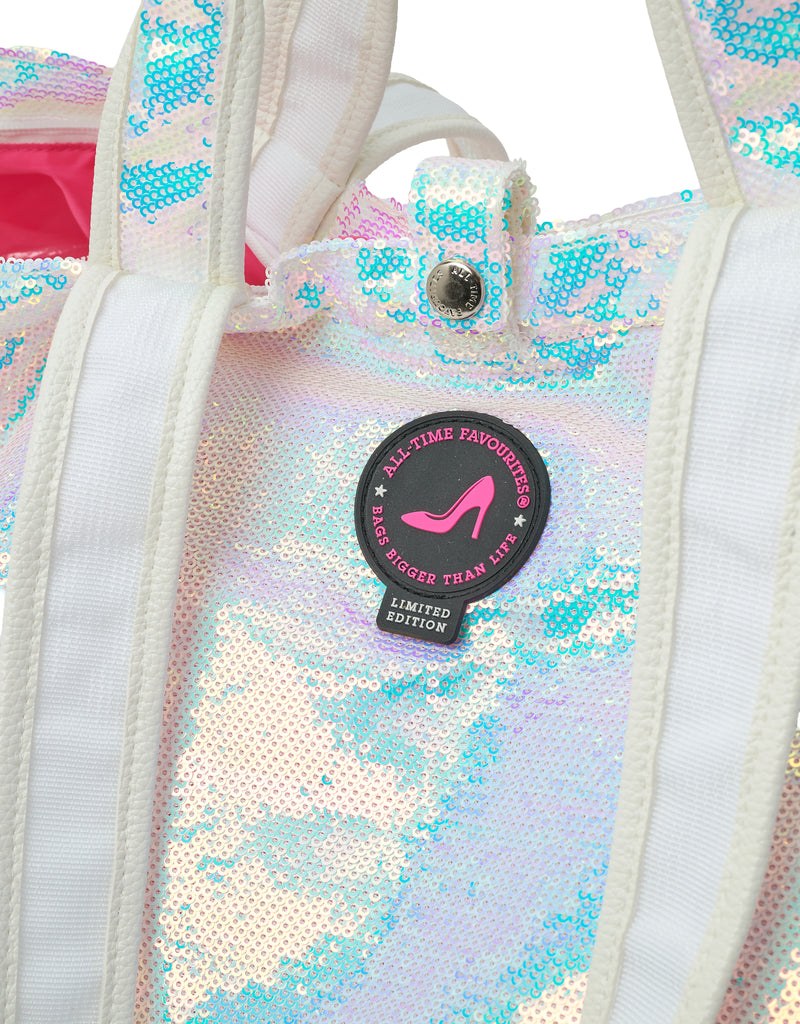 Front detail of the ATF Dubai sequin shopper with All-Time Favourites logo badge and snap button