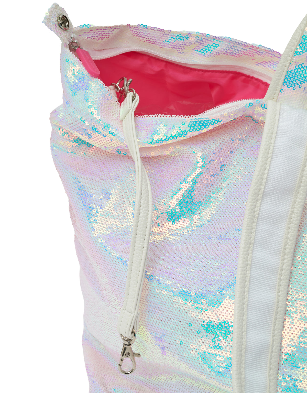 Medium tote bag with white pearl sequins, pink lining, white zipper, and metal clasp, partially unzipped.